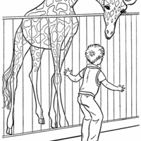 Desenho de Menino brincando com girafa no zoológico para colorir