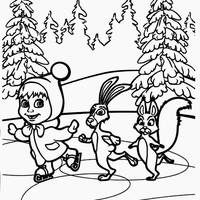 Desenho de Masha e o Urso e coelhos patinadores para colorir