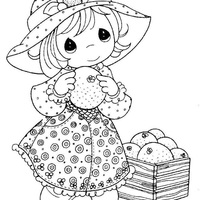 Desenho de Menina e cesta de laranjas para colorir