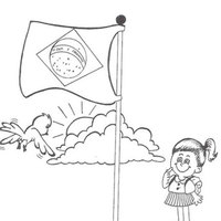 Desenho de Menina olhando a Bandeira do Brasil para colorir