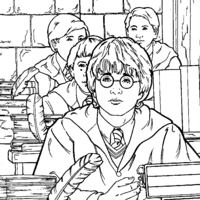Desenho de Harry Potter e amigos em classe para colorir