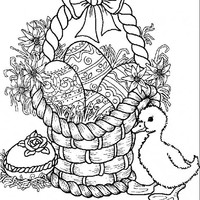 Desenho de Patinho e cesta de ovos de Páscoa para colorir