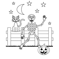 Desenho de Esqueleto e gato preto para colorir