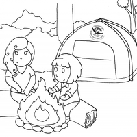 Desenho de Meninas fazendo fogueira no camping para colorir