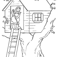 Desenho de Menina varrendo casa na árvore para colorir