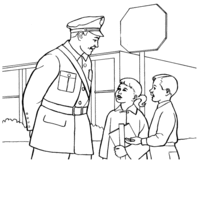 Desenho de Policial e crianças na porta da escola para colorir