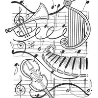 Desenho de Notas e instrumentos musicais para colorir