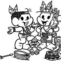 Desenho de Monica e Cebolinha no Dia do Índio para colorir