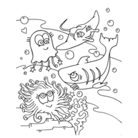 Desenho de Baleia e peixes no oceano para colorir