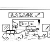 Desenho de Carro diante de posto de gasolina para colorir