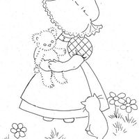 Desenho de Menininha com touca e ursinho de pelúcia para colorir
