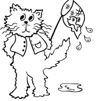 Desenho de Gato pescando peixe com redinha para colorir