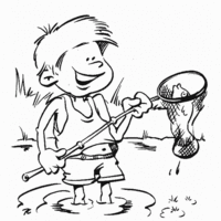Desenho de Menino pescando peixe com rede para colorir