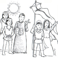 Desenho de Sacerdote com crianças para colorir