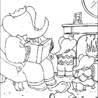 Desenho de Babar lendo livro para elefantinhos para colorir