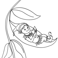 Desenho de Gnomo lendo deitado na folha de árvore para colorir