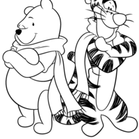 Desenho de Pooh e Tigrão no inverno para colorir