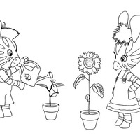 Desenho de Zou e Elsee cuidando das plantas para colorir