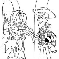 Desenho de Buzz Lightyear e Woody cumprimentando-se para colorir