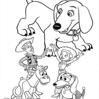 Desenho de Woody e Jessie brincando com cachorro para colorir