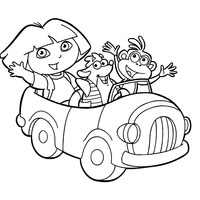 Desenho de Dora e Botas andando de carro para colorir
