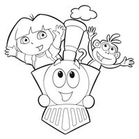 Desenho de Dora e Botas no trem azul Blue para colorir