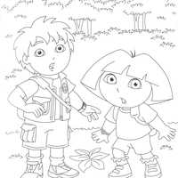 Desenho de Dora e Diego brincando de exploradores para colorir