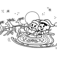 Desenho de Turma da Monica no trenó do Papai Noel para colorir