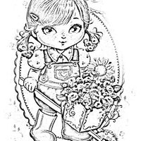 Desenho de Boneca jolie carregando carrinho de flores para colorir