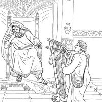 Desenho de Davi tocando arpa para Saul para colorir