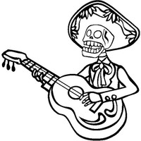 Desenho de Caveira tocando violão para colorir