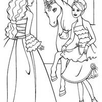 Desenho de Barbie, uma amiga e o cavalo Aladus para colorir