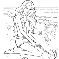 Desenho de Barbie brincando na praia com cachorrinho para colorir