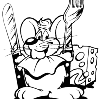Desenho de Ratinho segurando faca e garfo para colorir