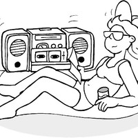 Desenho de Mulher escutando som na praia para colorir