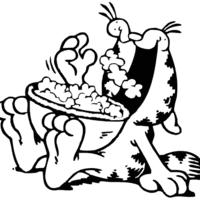 Desenho de Garfield comendo pote de pipocas para colorir