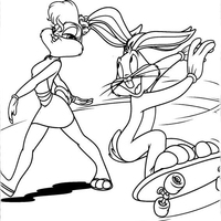 Desenho de Lola passenado e Pernalonga no skate para colorir
