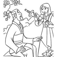 Desenho de Mulan recebendo espada para colorir