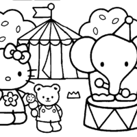 Desenho de Hello Kitty vendo elefante no circo para colorir