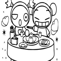 Desenho de Pucca e Garu no restaurante para colorir