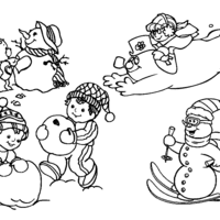 Desenho de Crianças se divertindo com boneco de neve para colorir