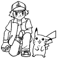 Desenho de Ash e Pikachu agachados para colorir