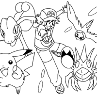 Desenho de Ash, Ketchum e Pokemons para colorir