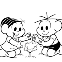 Desenho de Monica e Cebolinha plantando uma árvore para colorir