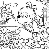 Desenho de Cachorrinho cuidando das flores para colorir