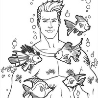 Desenho de Aquaman nadando entre peixes para colorir