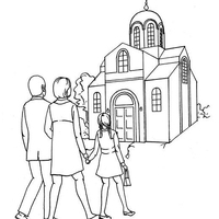 Desenho de Família chegando à igreja para colorir