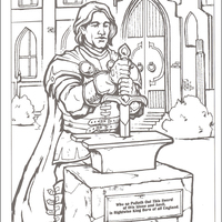 Desenho de Rei Arthur tentando pegar espada excalibur para colorir