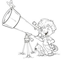 Desenho de Menino usando telescópio para colorir