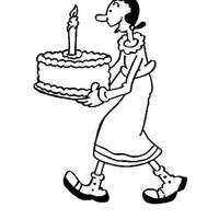 Desenho de Olívia Palito e bolo de aniversário para colorir